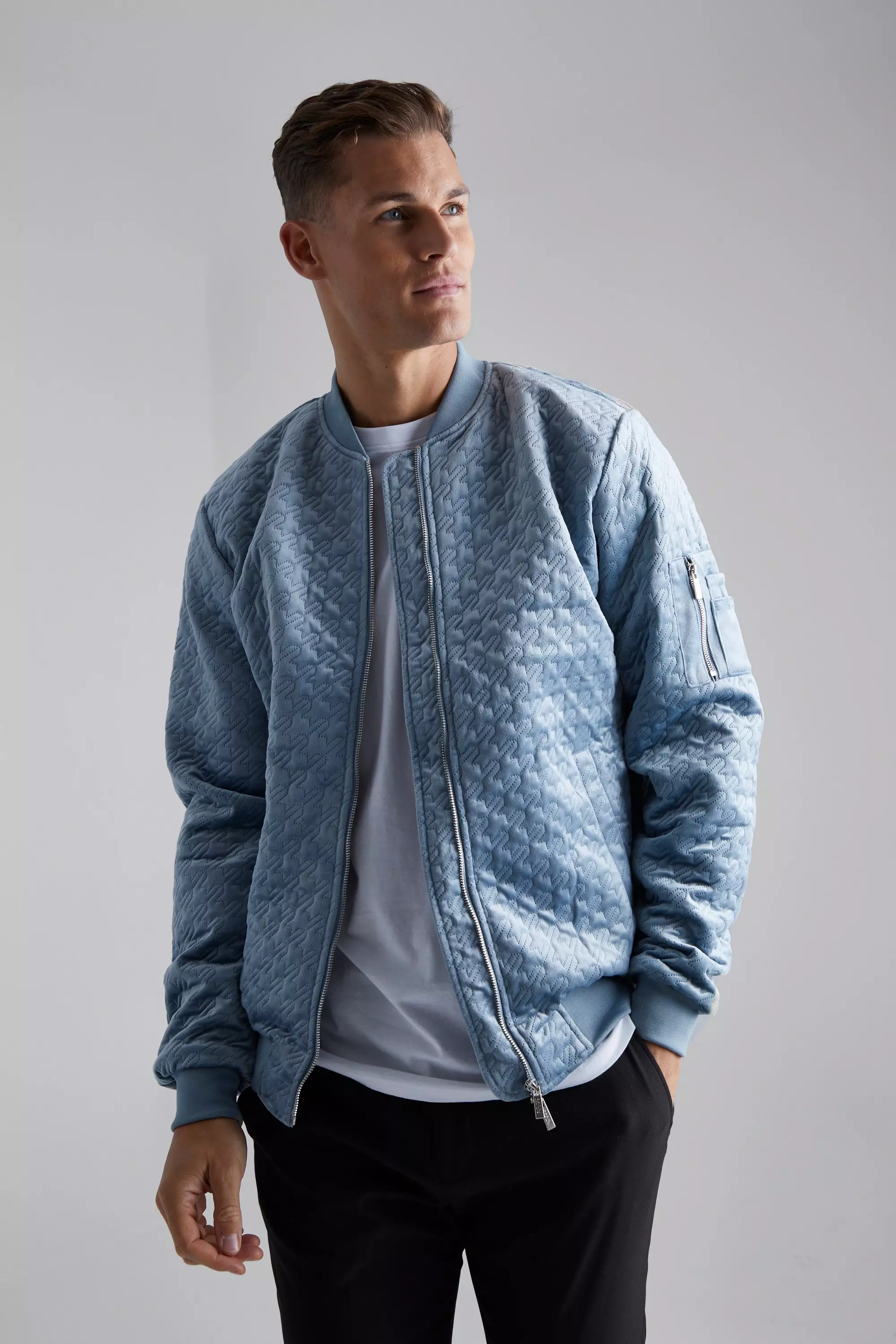 Blue velvet bomber jacket mens store